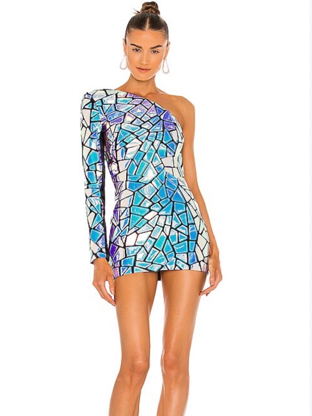 Bronx and Banco Holographic Solar One-Shoulder Mosaic Mini Dress
